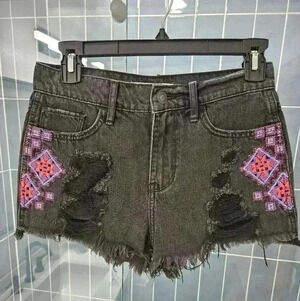 Hollister Boho Distressed Denim Cutoffs w/ Quilted Front Design Size 1